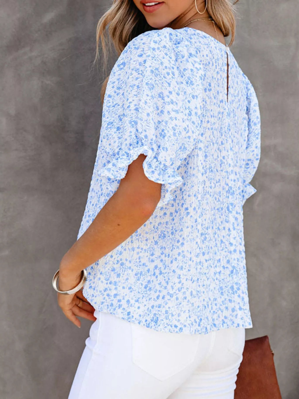 Floral Print Ruffle Sleeve Blouse Plus Size in Sky Blue for Women