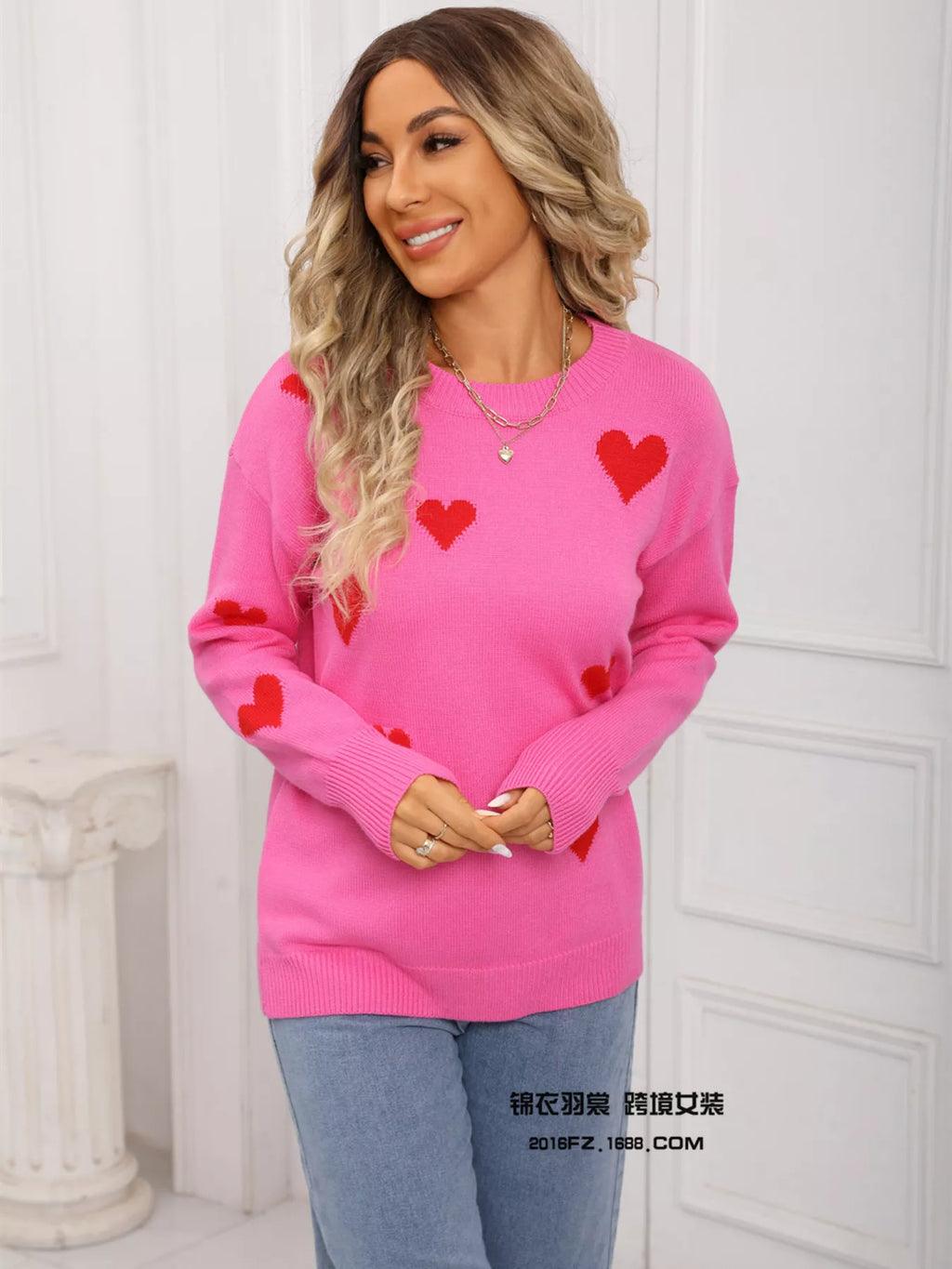 Valentines Day Heart Print Round Neck Sweater in Rose Red for Women