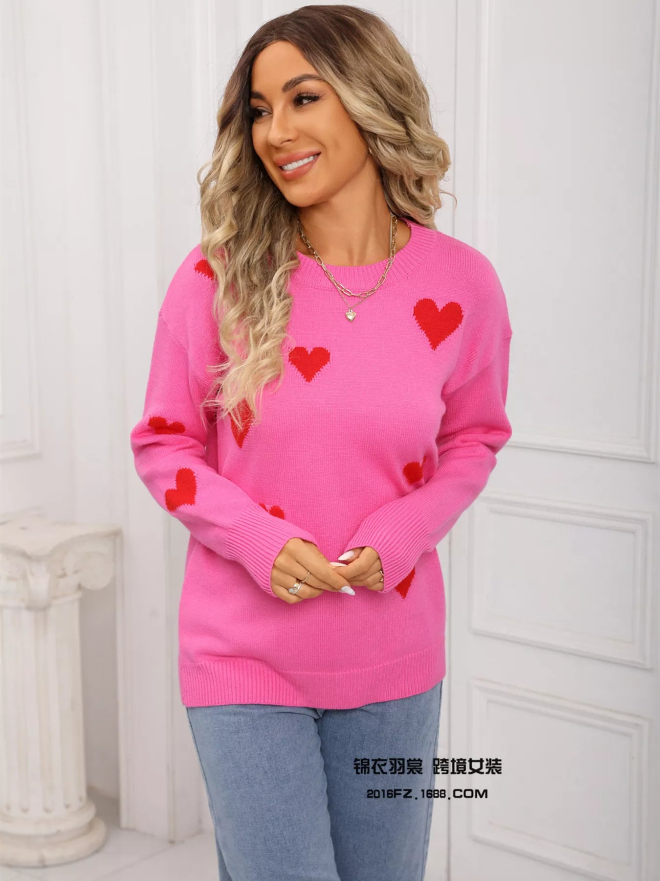 Valentines Day Heart Print Round Neck Sweater in Rose Red for Women