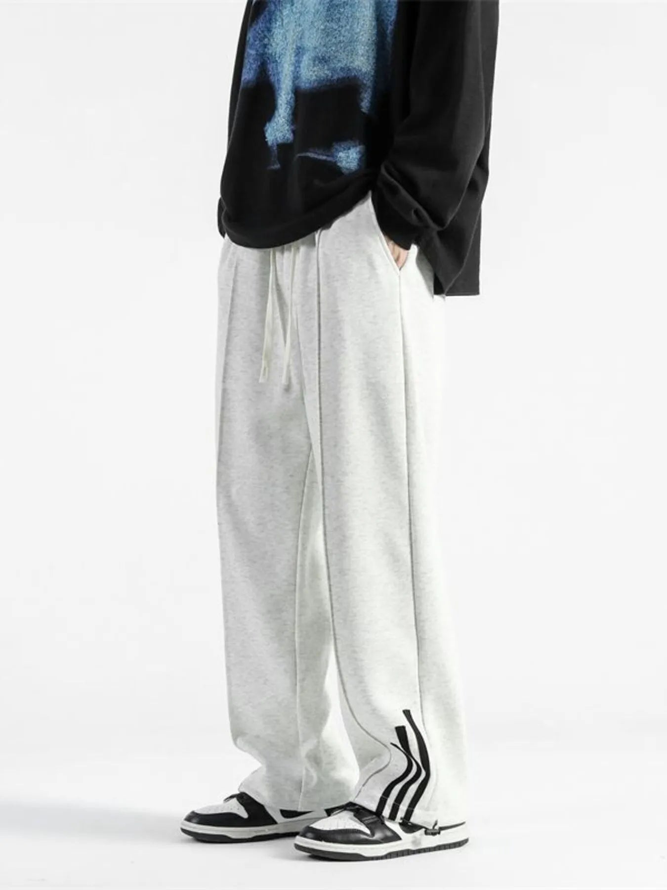Plus Size Drawstring Wide Leg Sweatpants in Black for Men