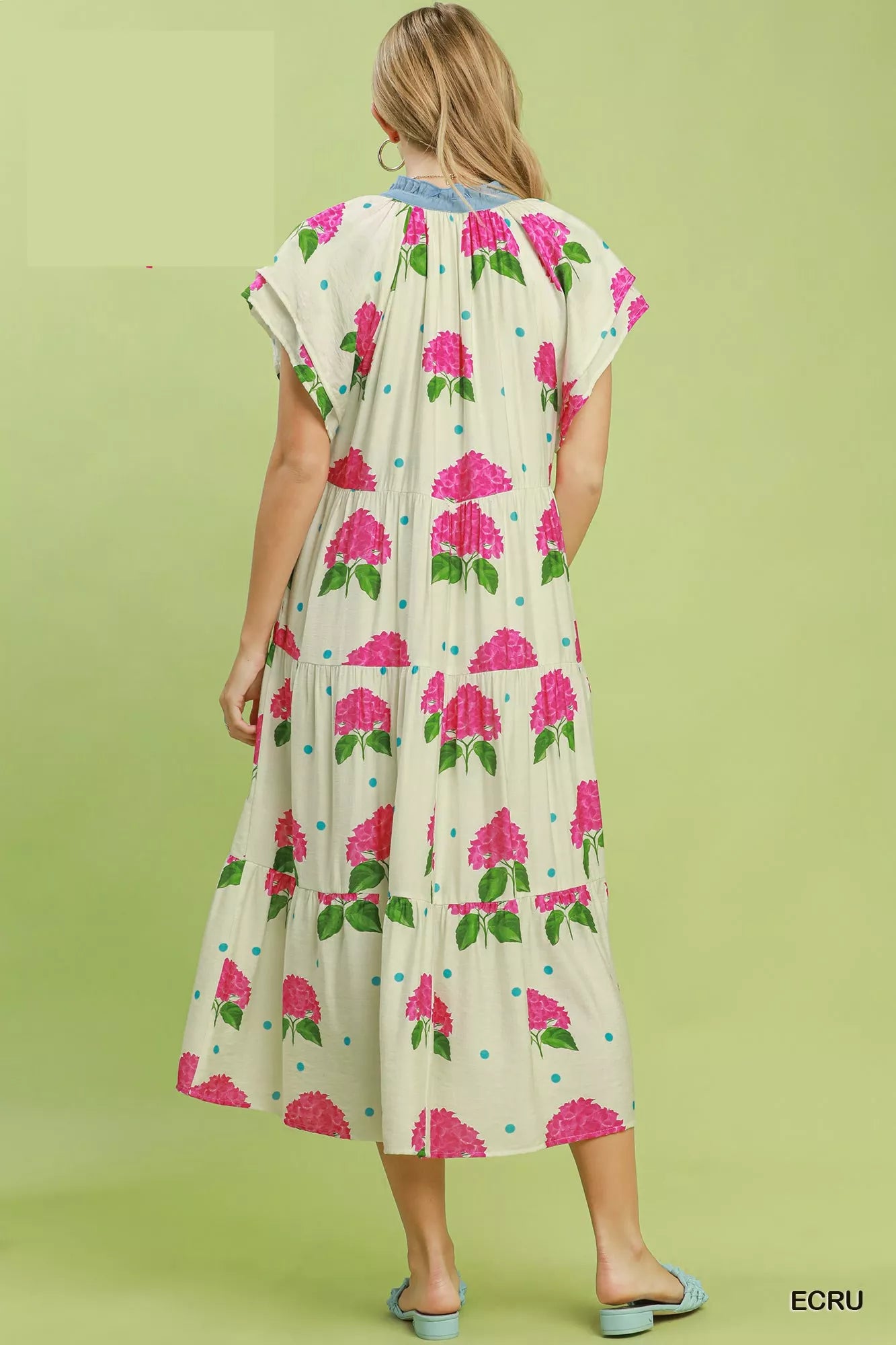 Hydrangea Print Tiered Midi Dress in Ecru for Women
