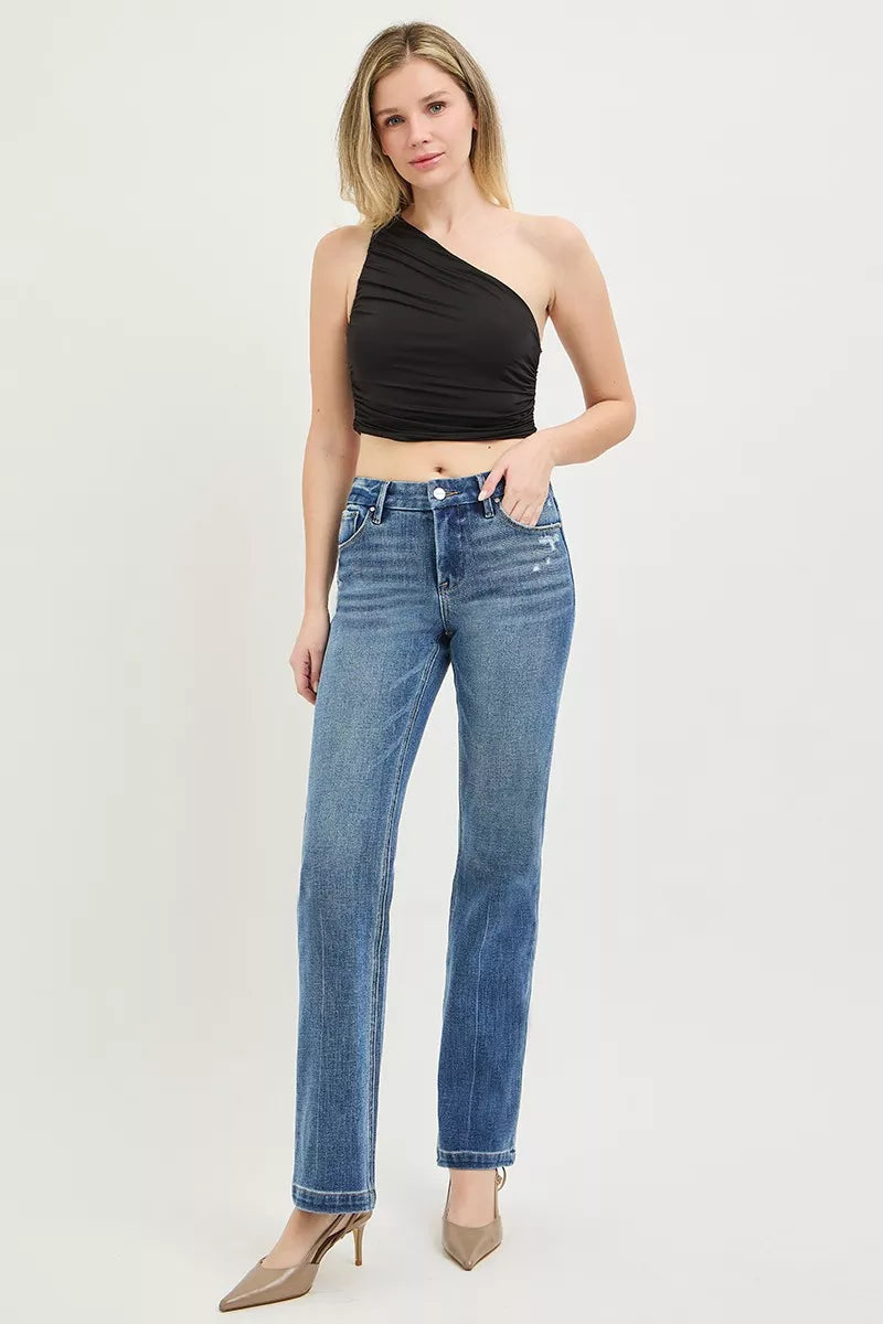 Tummy Control 4way Stretch Mid Rise Straight Crease Line in Medium for Women