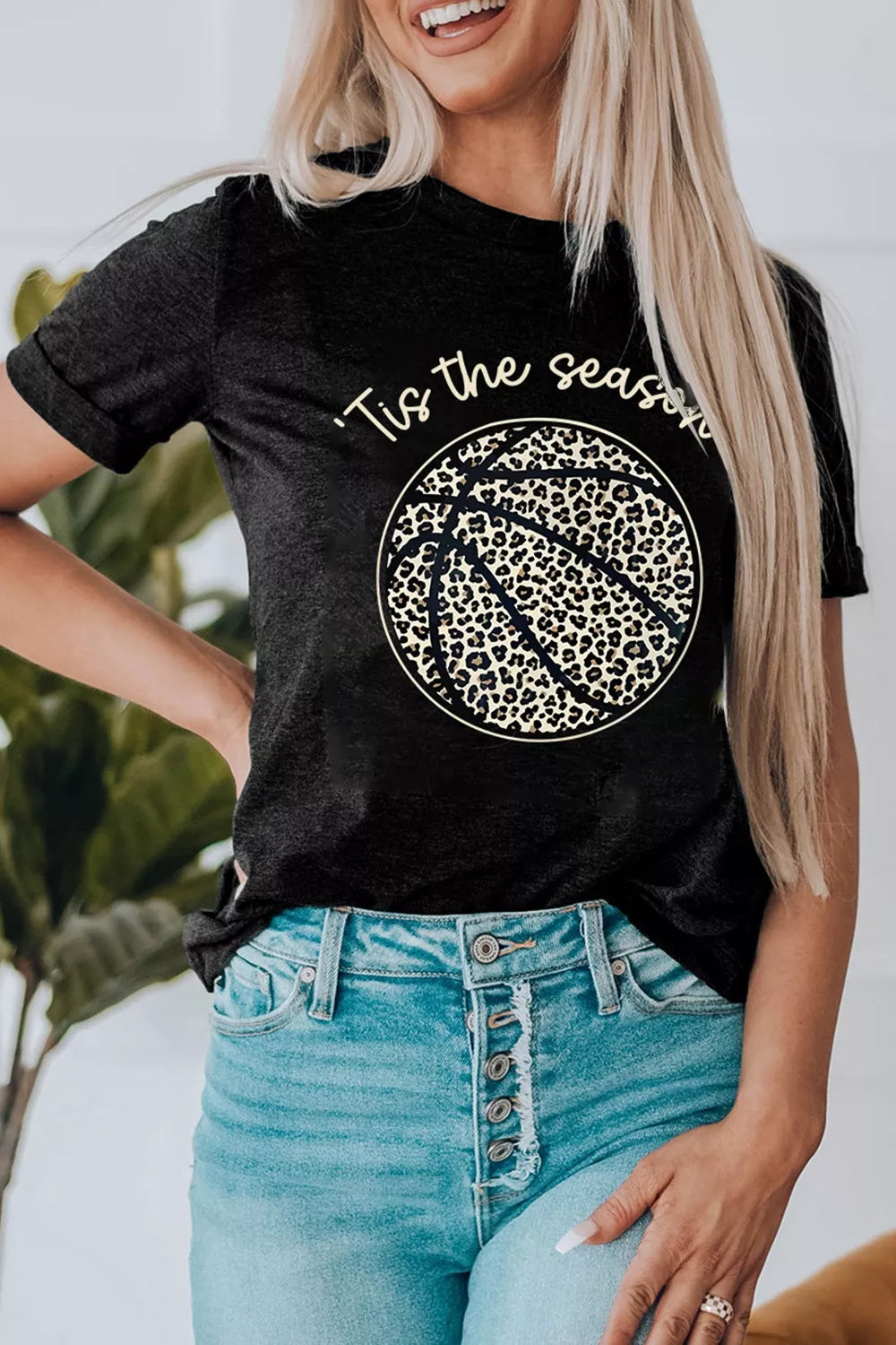 Leopard Basketball Graphic Crew Neck Tee in Black for Women