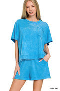 Acid Washed Oversized Top & Shorts Set in Deep Sky for Women
