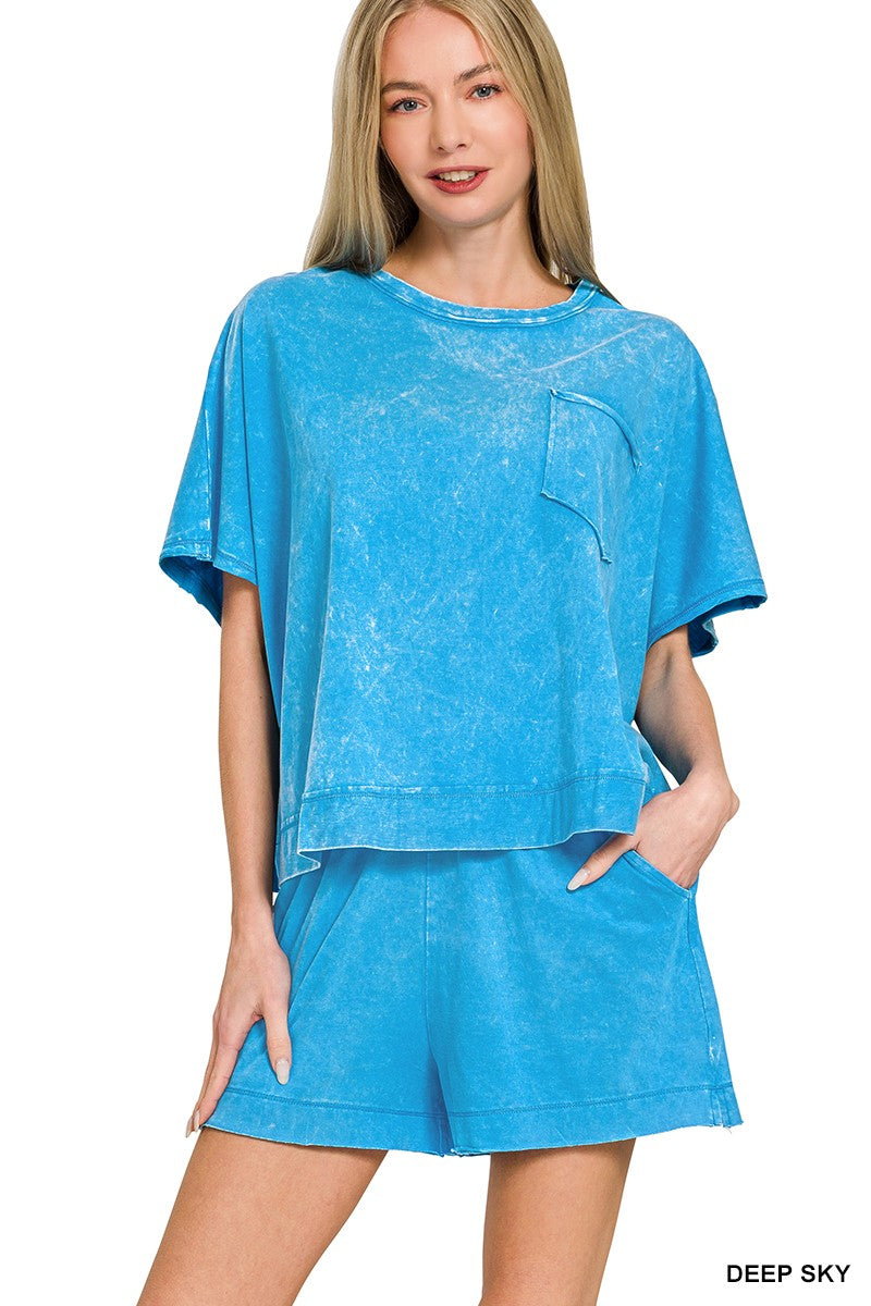 Acid Washed Oversized Top & Shorts Set in Deep Sky for Women