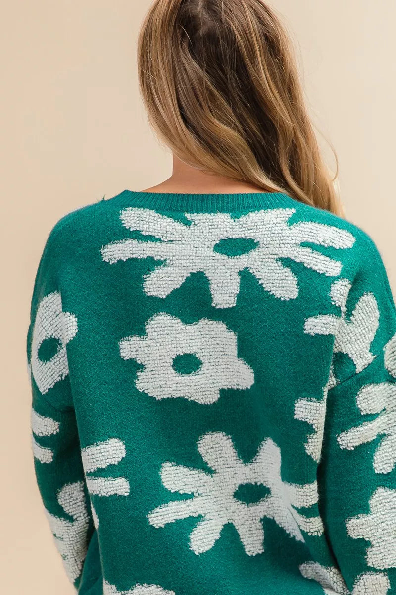 Flower Pattern Long Sleeves Sweater Top for Women