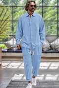 Collared Neck Long Sleeve Top and Pants Set Plus Size in Light Blue for Men