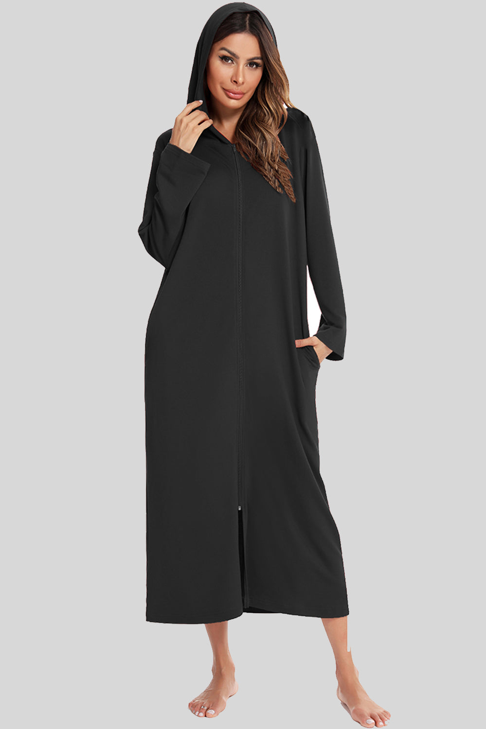 Zip Front Hooded Night Dress with Pockets in Light Gray for Women