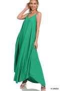 Woven Crinkle Cami Maxi Dress with Side Pockets in Green for Women