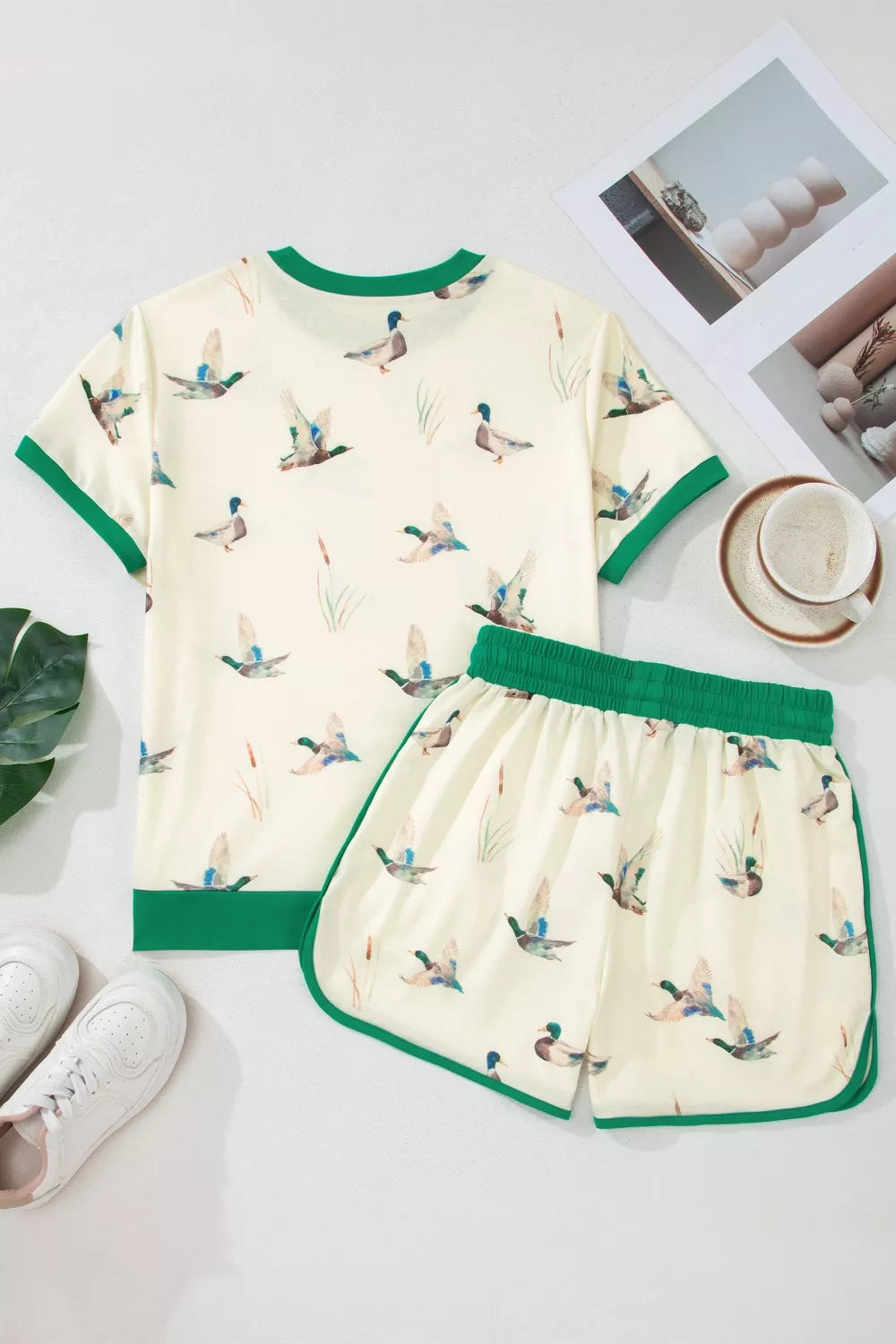 Mallard Printed Colorblock Trim Shorts Set for Women