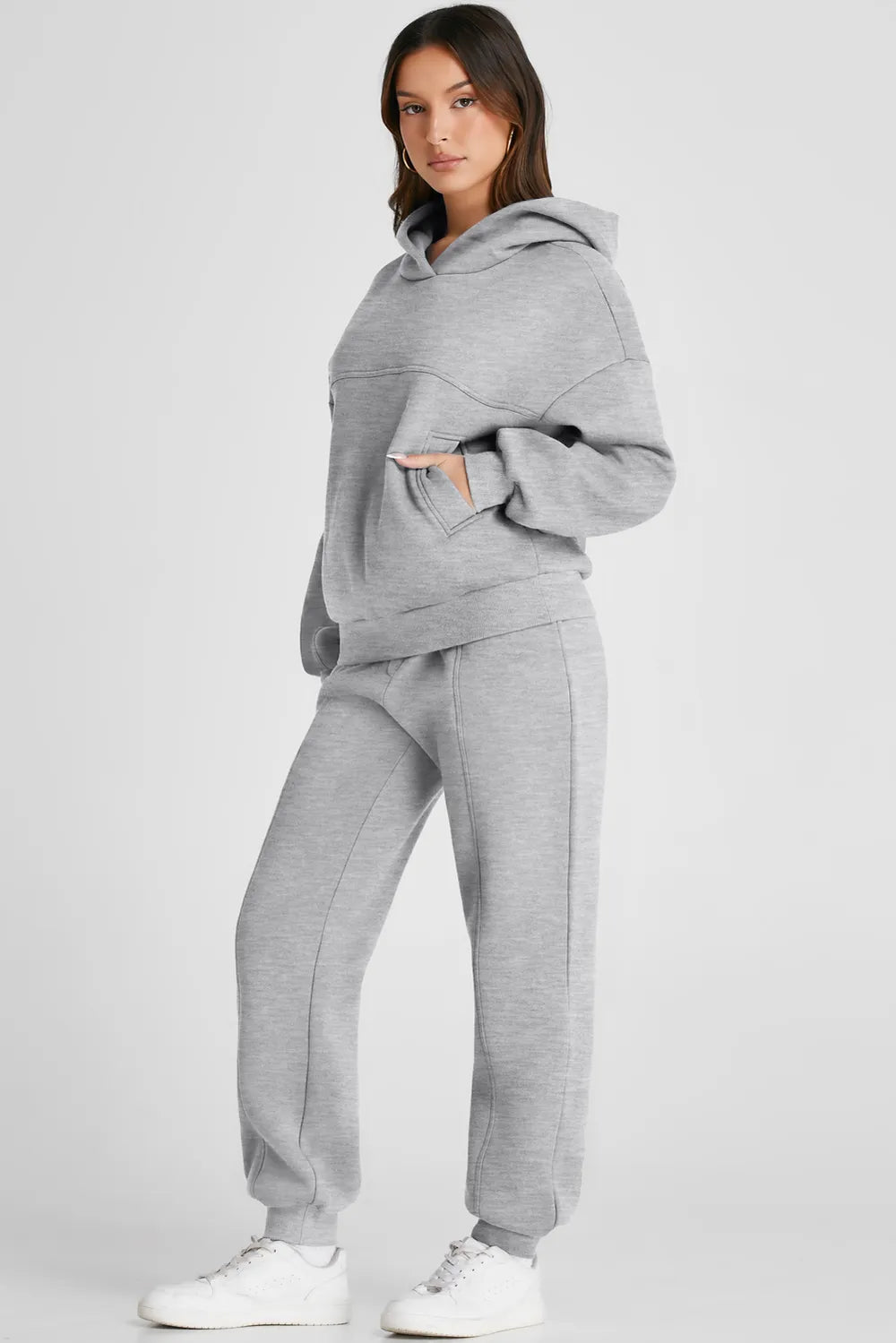 Dropped Shoulder Long Sleeve Hoodie and Pants Active Set in Gray for Women