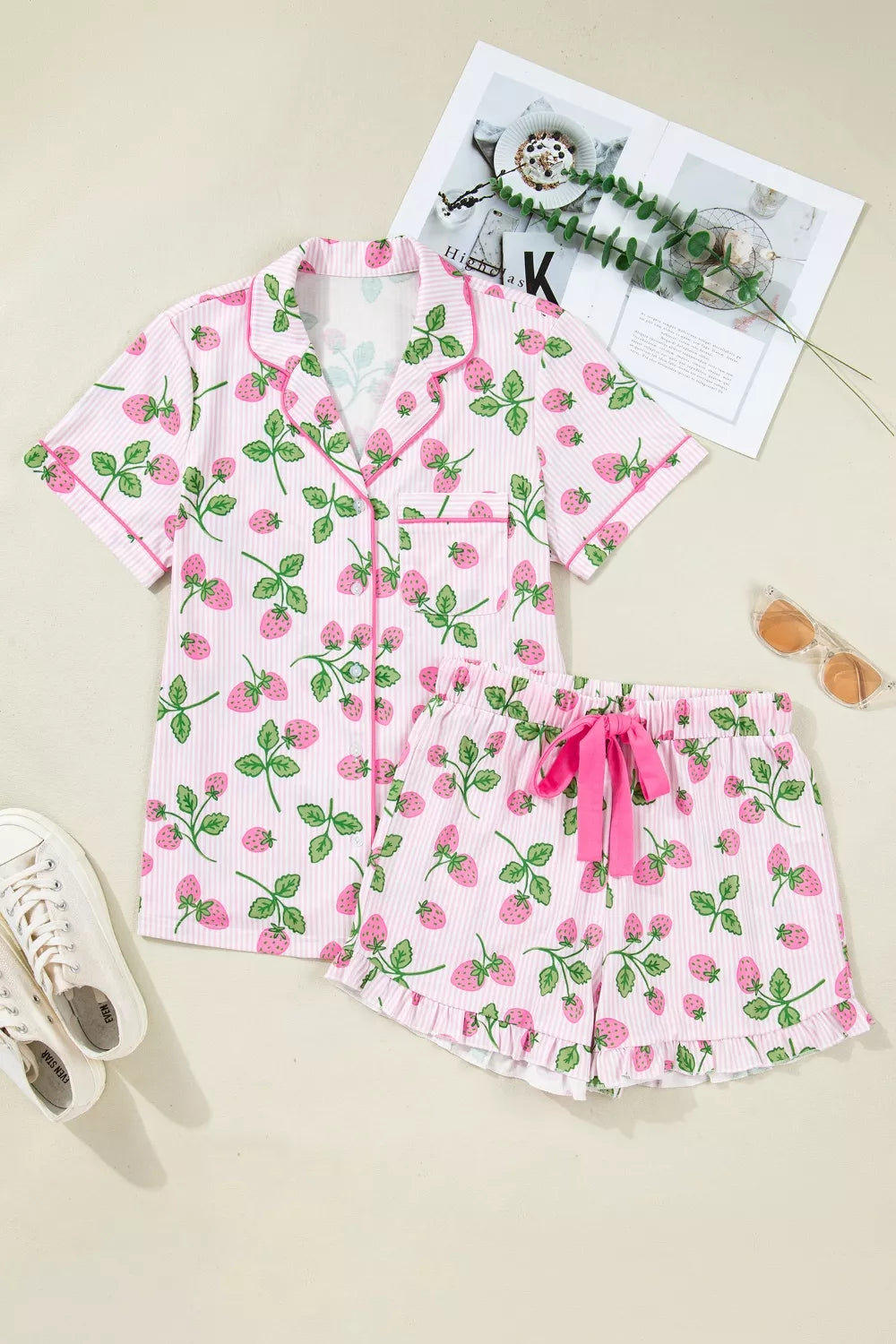 Striped Strawberry Print Lapel Shirt Drawstring Shorts Two-Piece Pajama Set in Blush Pink for Women
