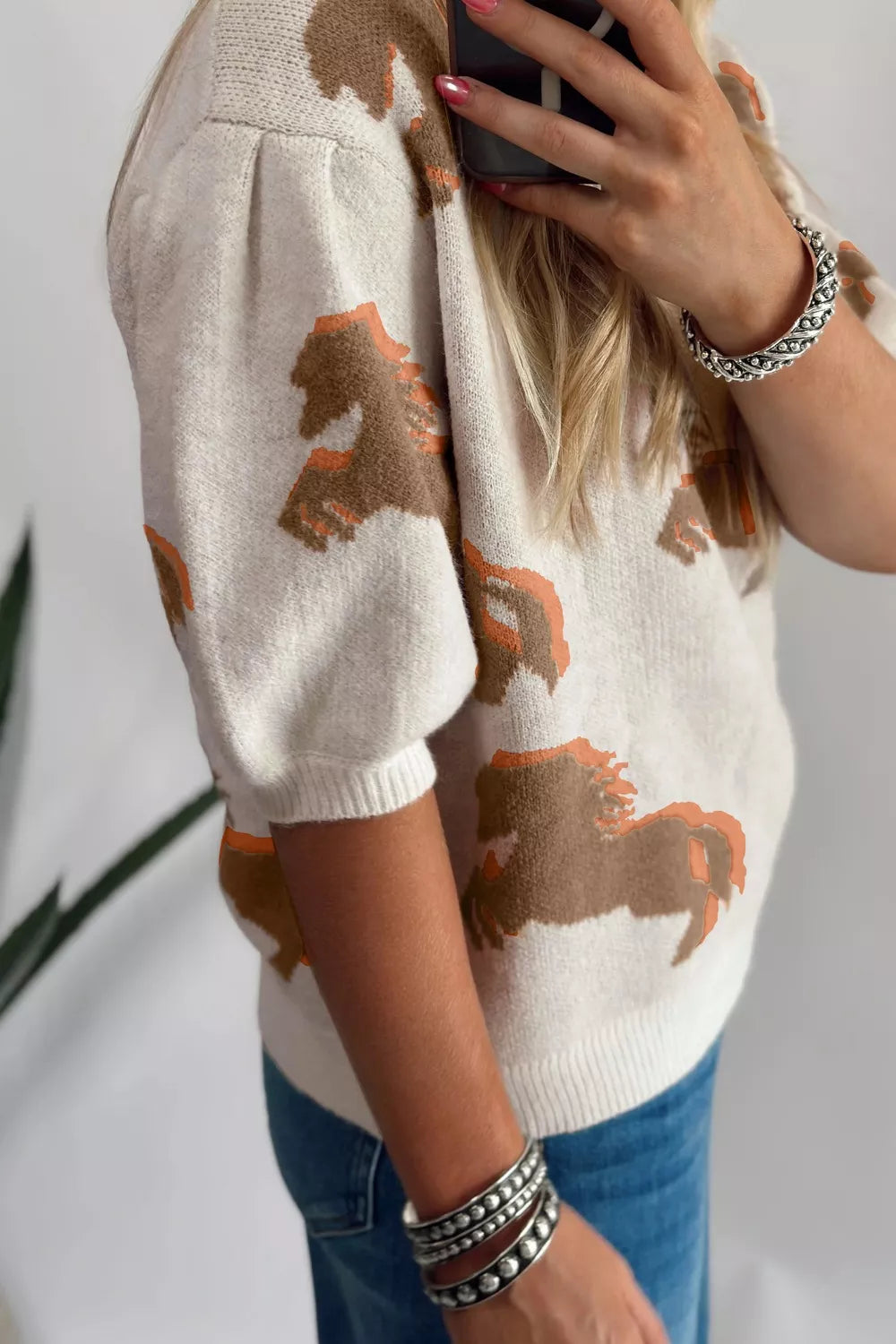 Western Horse Short Puff Sleeve Sweater in Beige for Women