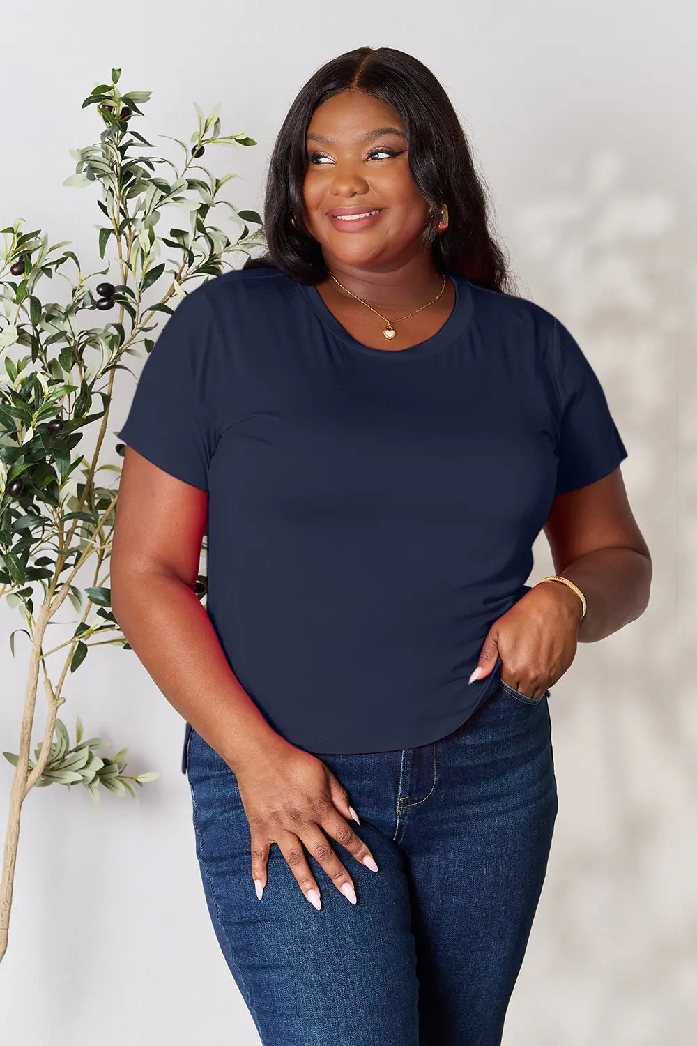 Plus Size Round Neck Short Sleeve T-Shirt in Hot Pink for Women