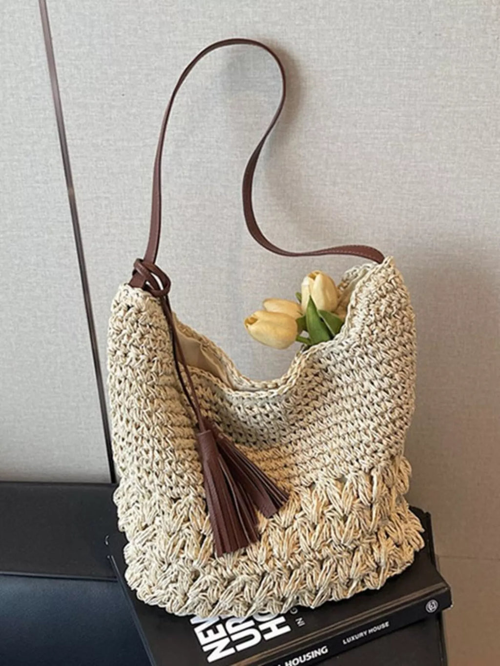 Woven Straw Shoulder Bag with Tassels for Women