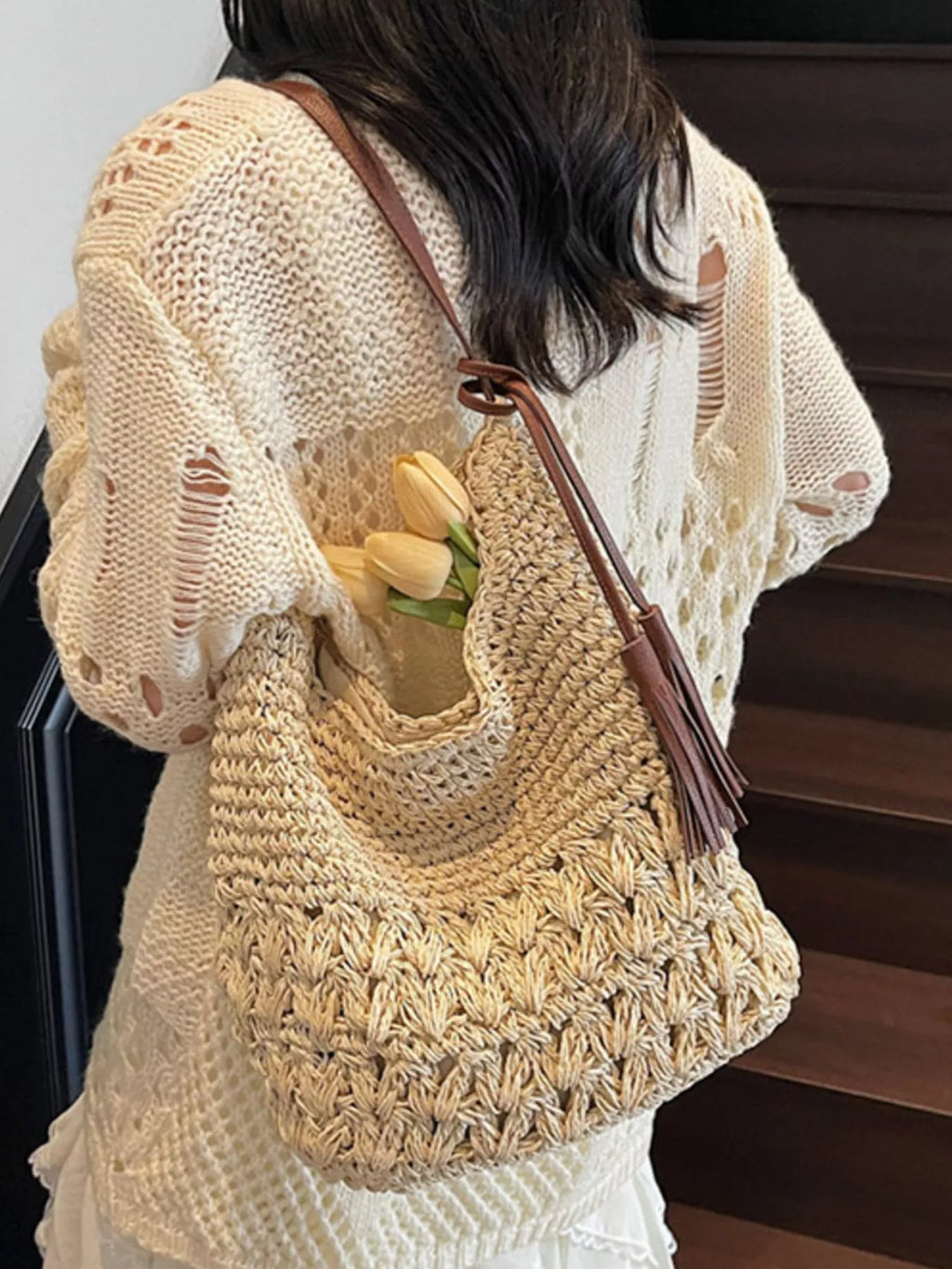 Woven Straw Shoulder Bag with Tassels for Women