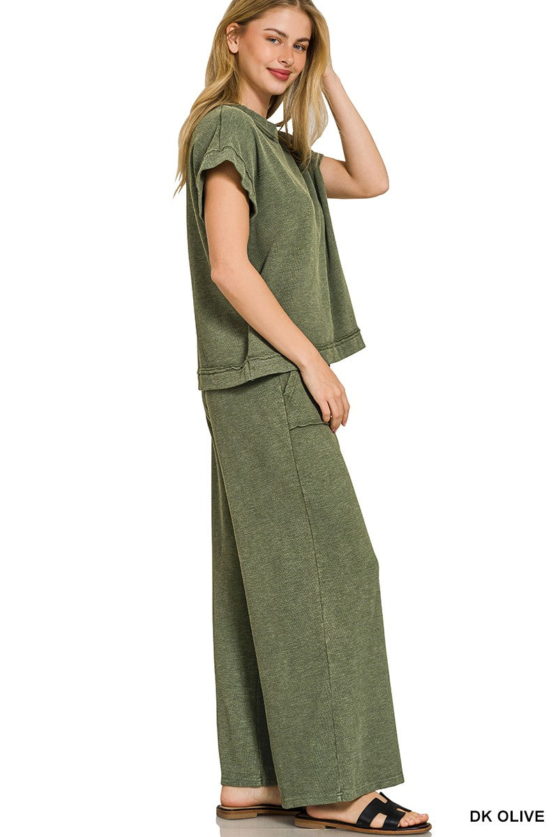 Washed Slub Short Sleeve Tee & Long Pants Set in Dark Olive for Women