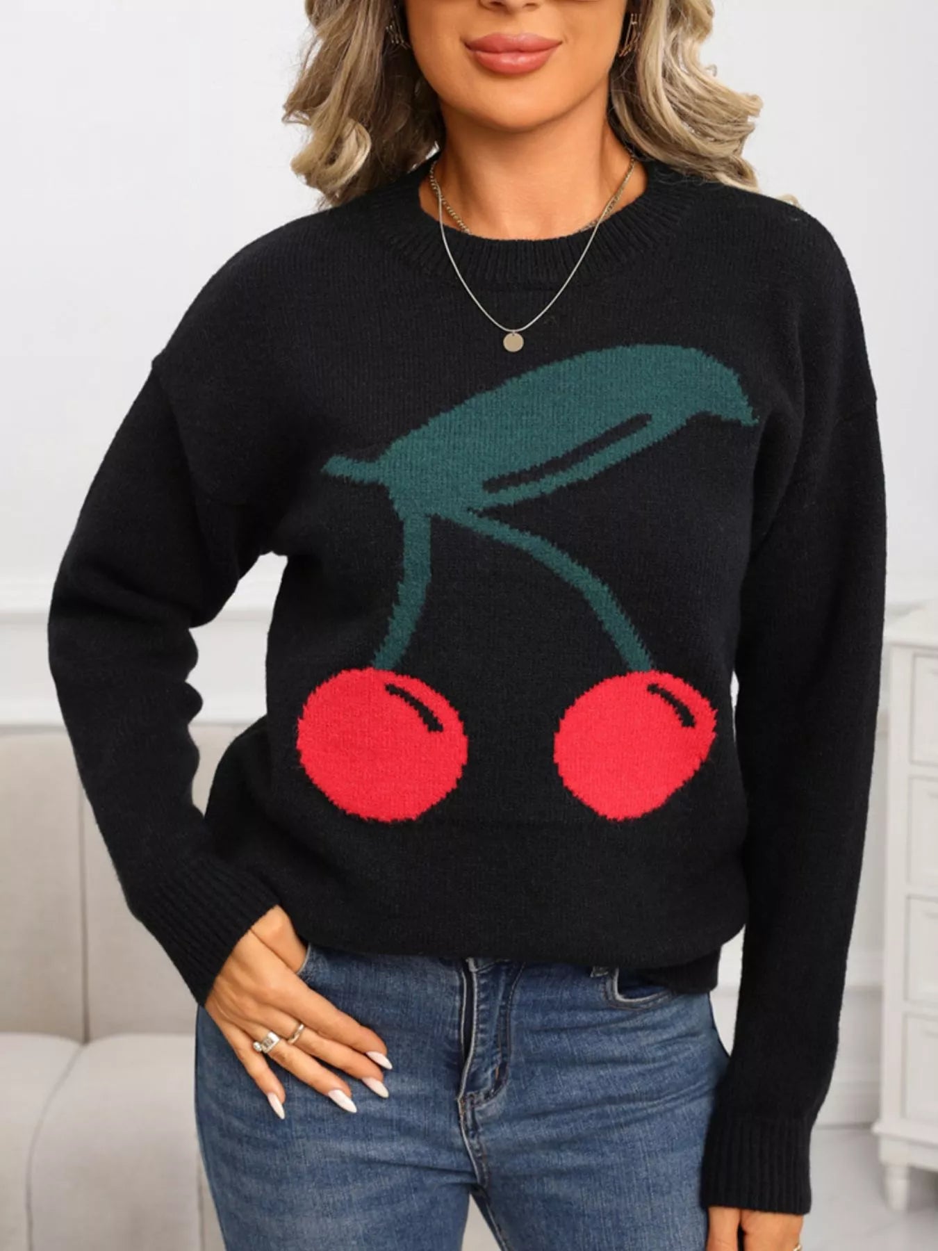 Cherry Round Neck Sweater in Pink for Women