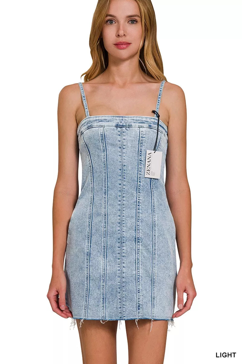 Spaghetti Strap Exposed Seam Light-Wash Dress for Women