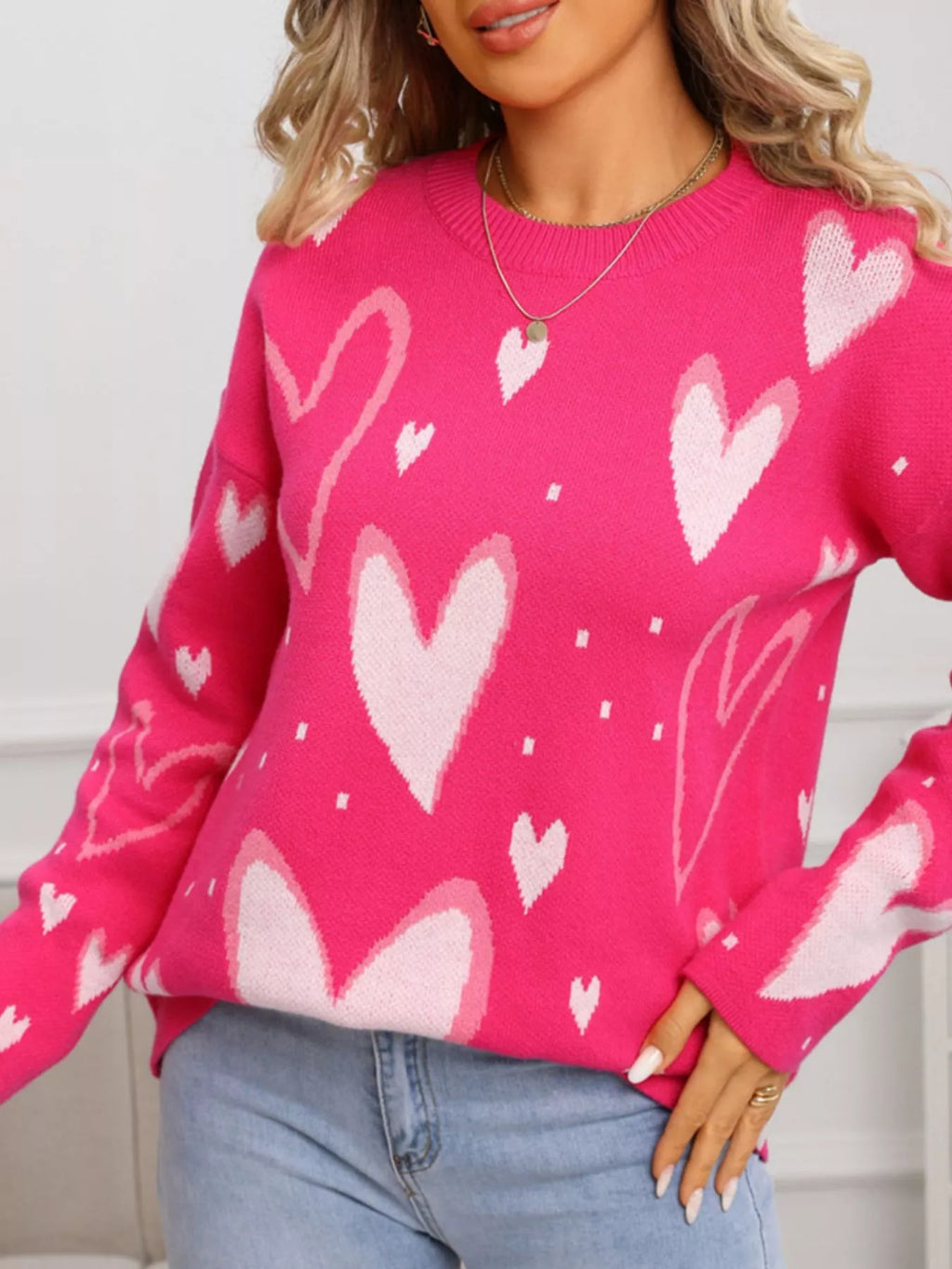 Valentines Day Heart Crew Neck Sweater in Rose Red in White for Women