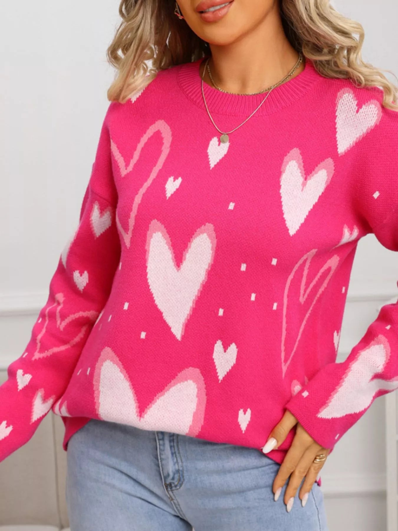 Valentines Day Heart Crew Neck Sweater in Rose Red in White for Women