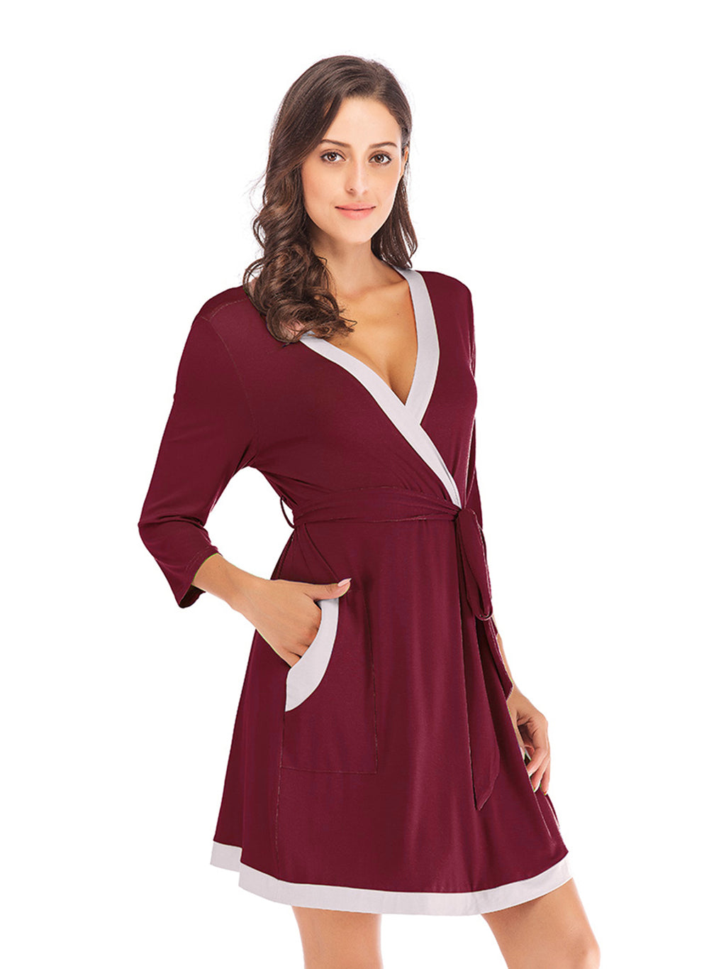 Tie Waist Surplice Neck Robe with Pockets in Navy for Women