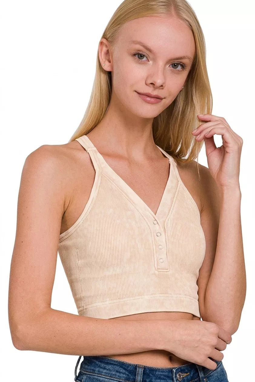 Washed Ribbed Seamless Button V-Neck Tank Top in Sand Beige for Women