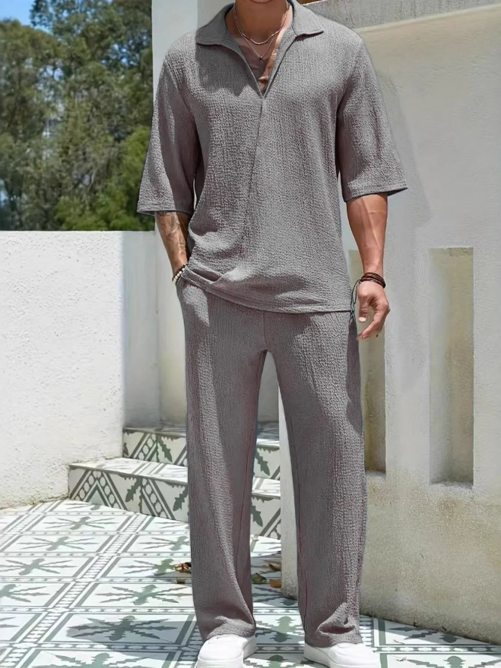 Johnny Collar Half Sleeve Top and Pants Set in Dusty Blue for Men