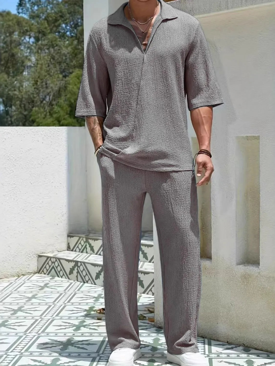 Johnny Collar Half Sleeve Top and Pants Set in Dusty Blue for Men