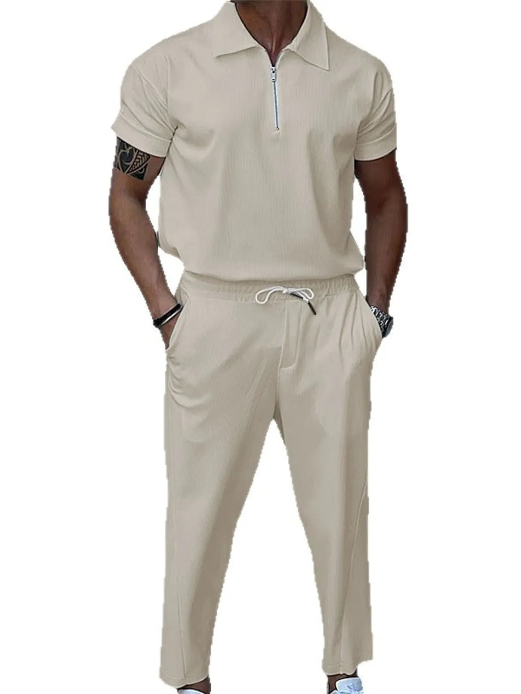 Quarter Zip Short Sleeve Polo and Pants Set Plus Size in Black for Men