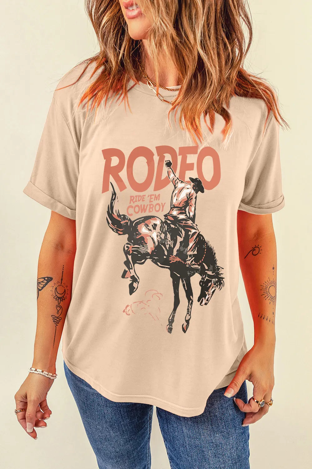 Cowboy Graphic Round Neck Short Sleeve T-Shirt in Tan for Women