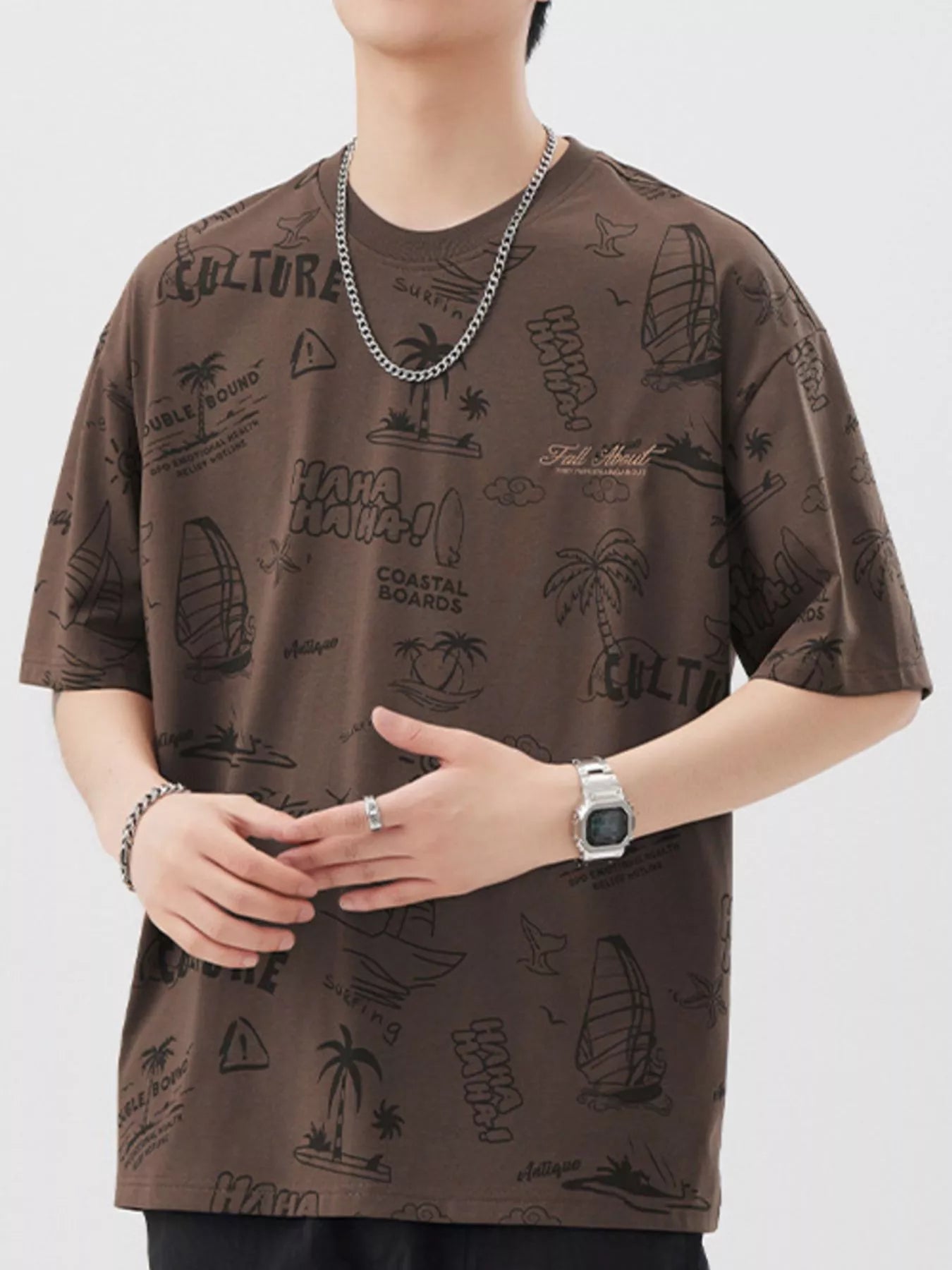 Plus Size Printed Round Neck Relaxed Fit T-Shirt in Apricot for Men