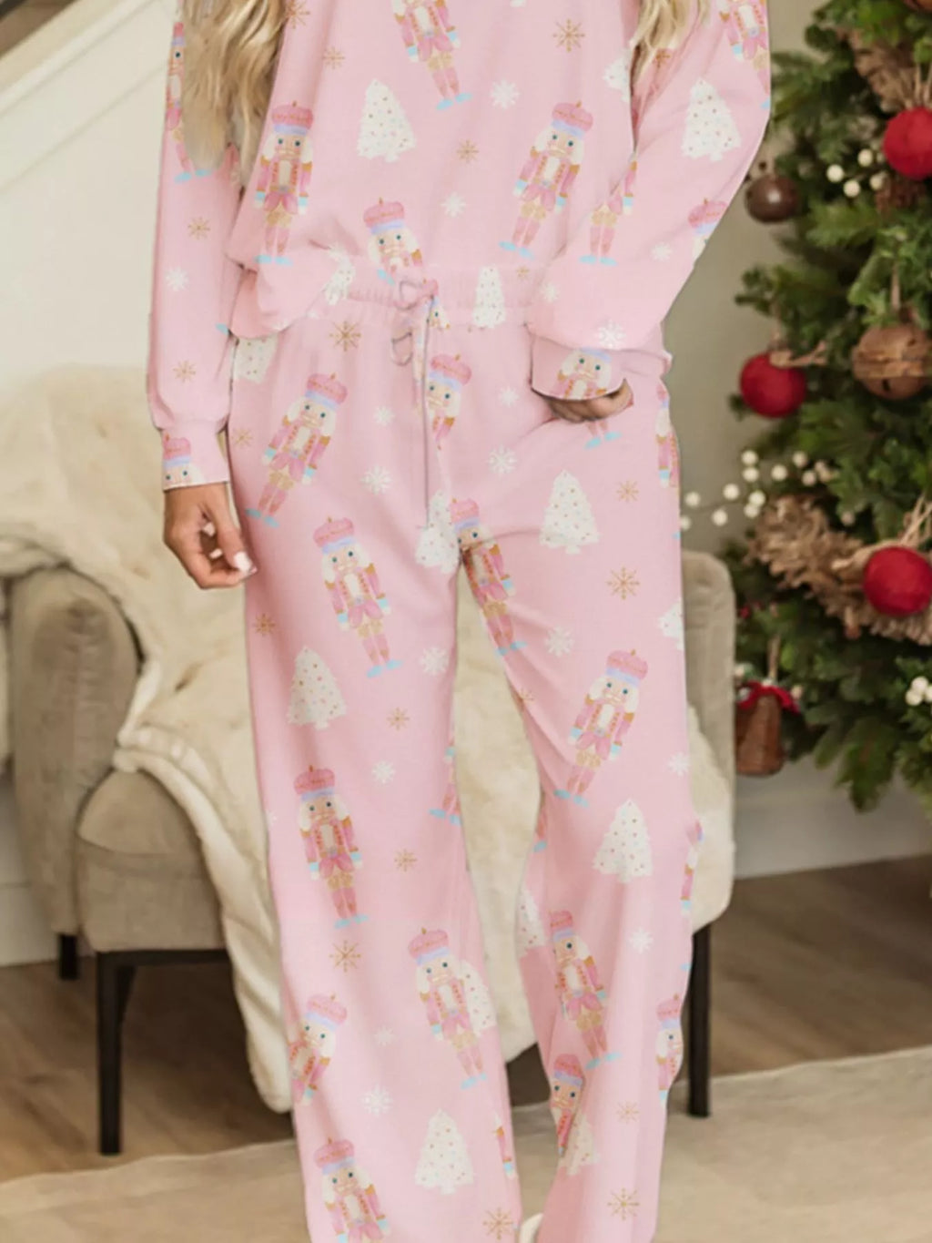 Christmas Tree Nutcracker Print Top and Pants 2pcs Lounge Set in Blush Pink for Women