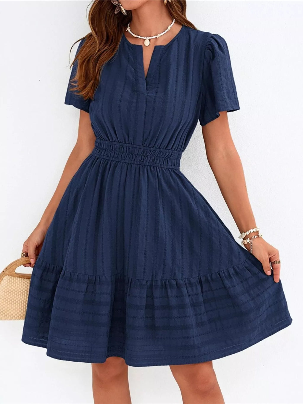 Short Sleeve Smocked Waist Tiered Dress in Navy for Women