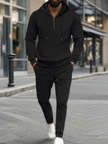 Waffle-Knit Half Zipper Hoodie and Pants Set Plus Size in Black for Men