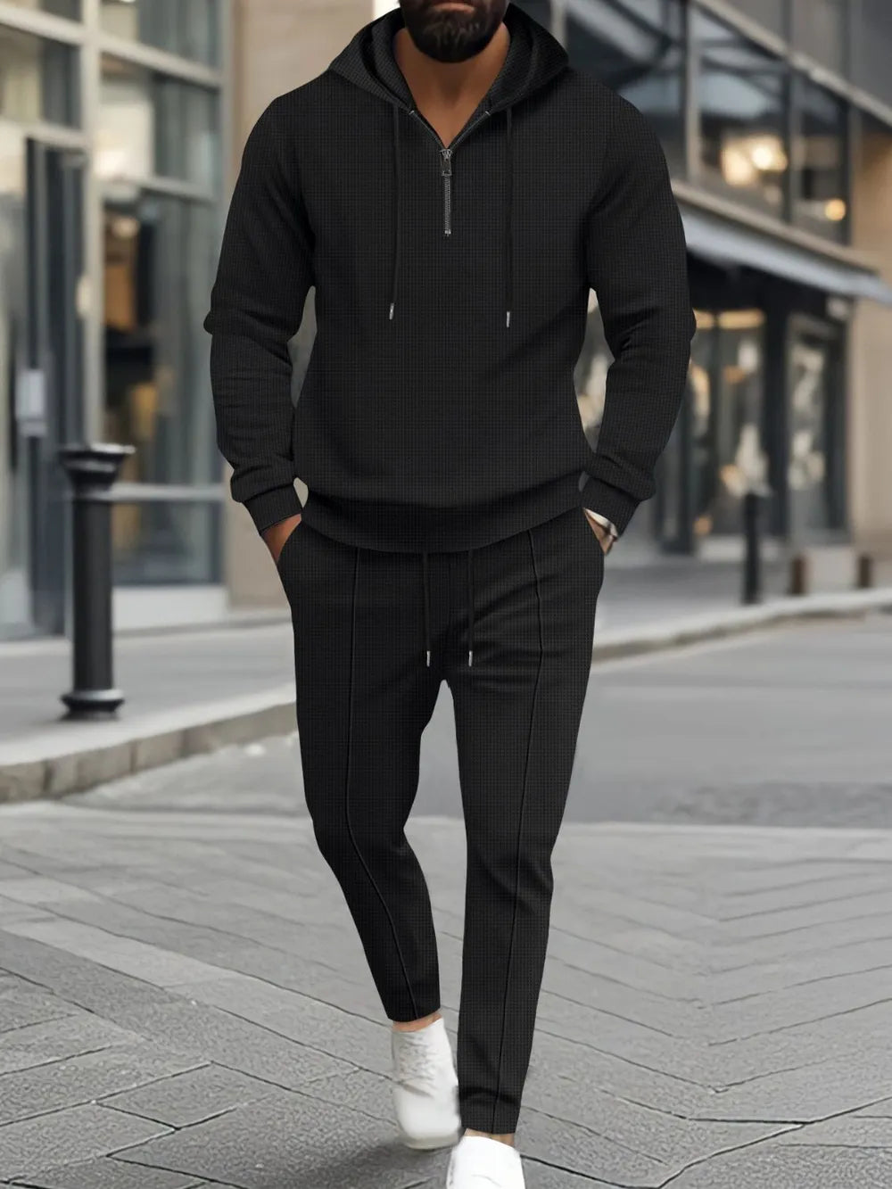 Waffle-Knit Half Zipper Hoodie and Pants Set Plus Size in Black for Men