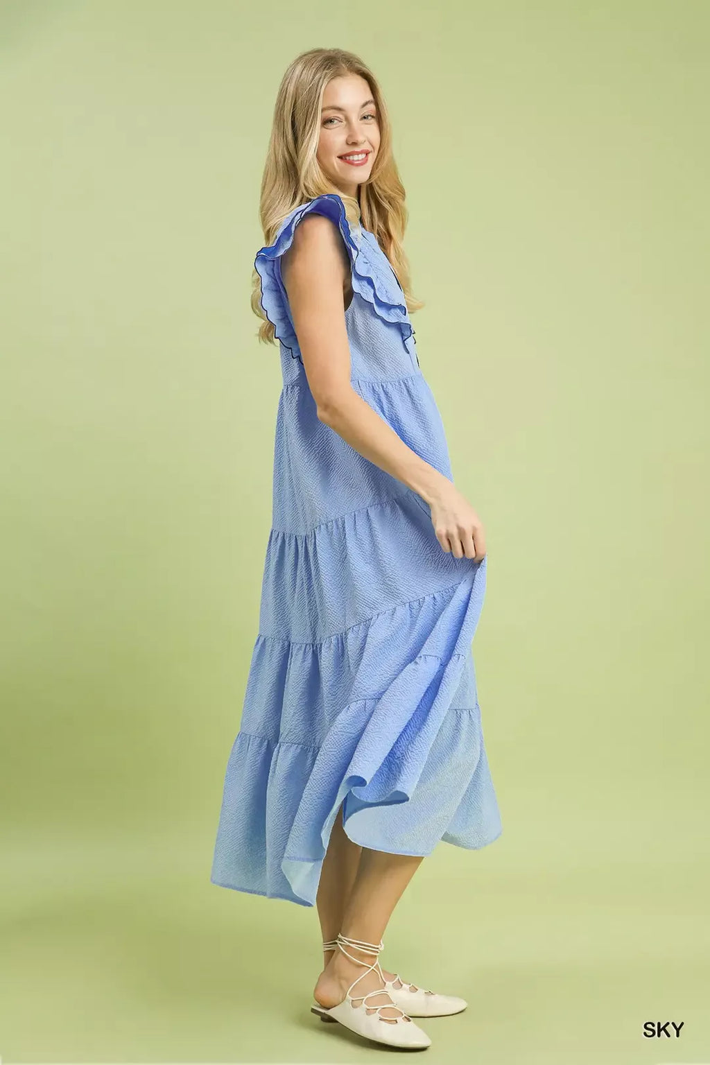 Seersucker Ruffle Sleeve Tiered Midi Dress in Sky for Women