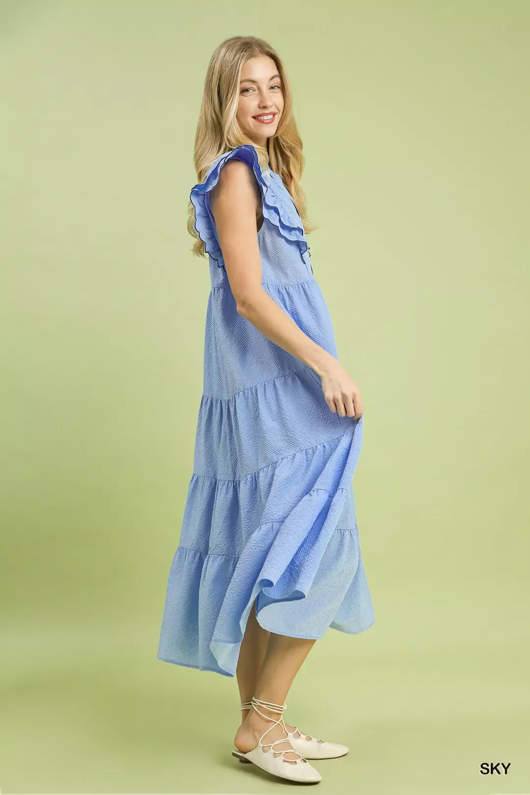 Seersucker Ruffle Sleeve Tiered Midi Dress in Sky for Women