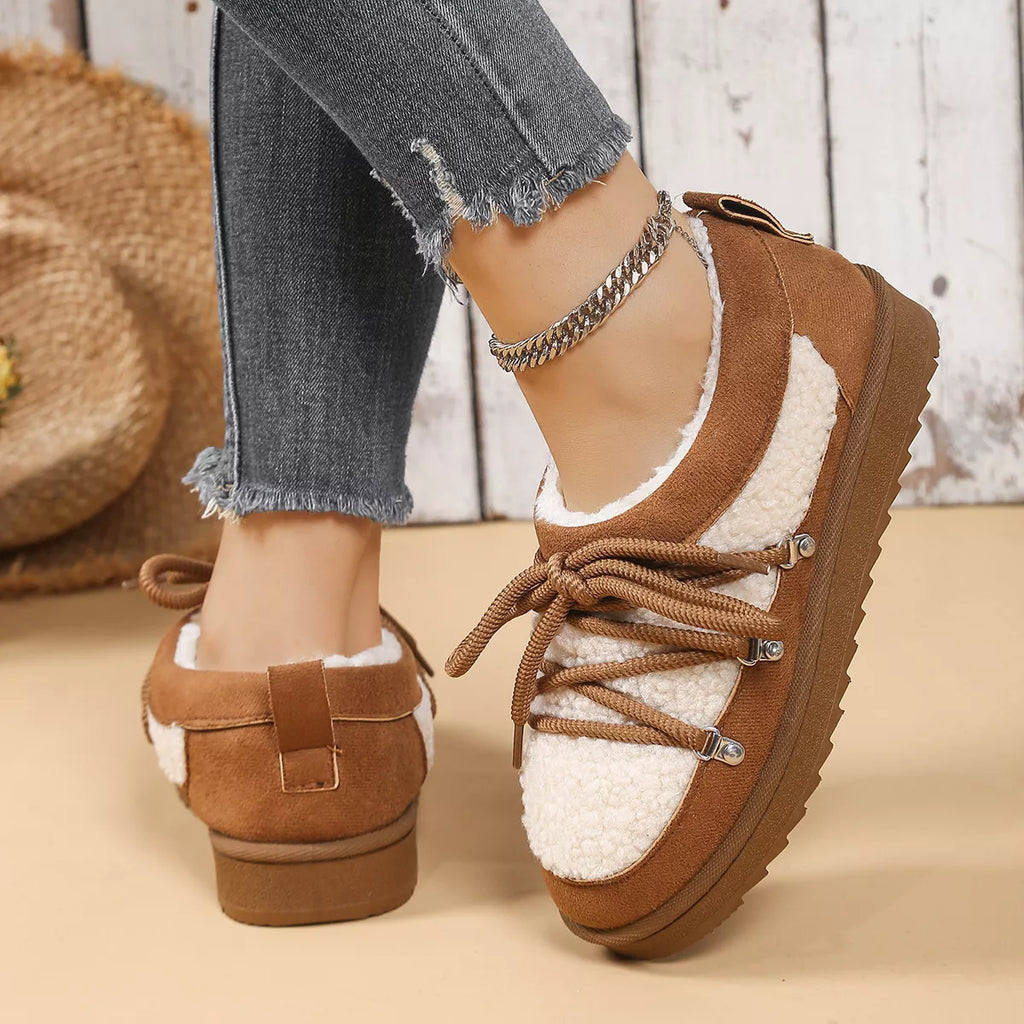 Lace Up Round Toe Platform Ankle Boots in Camel for Women