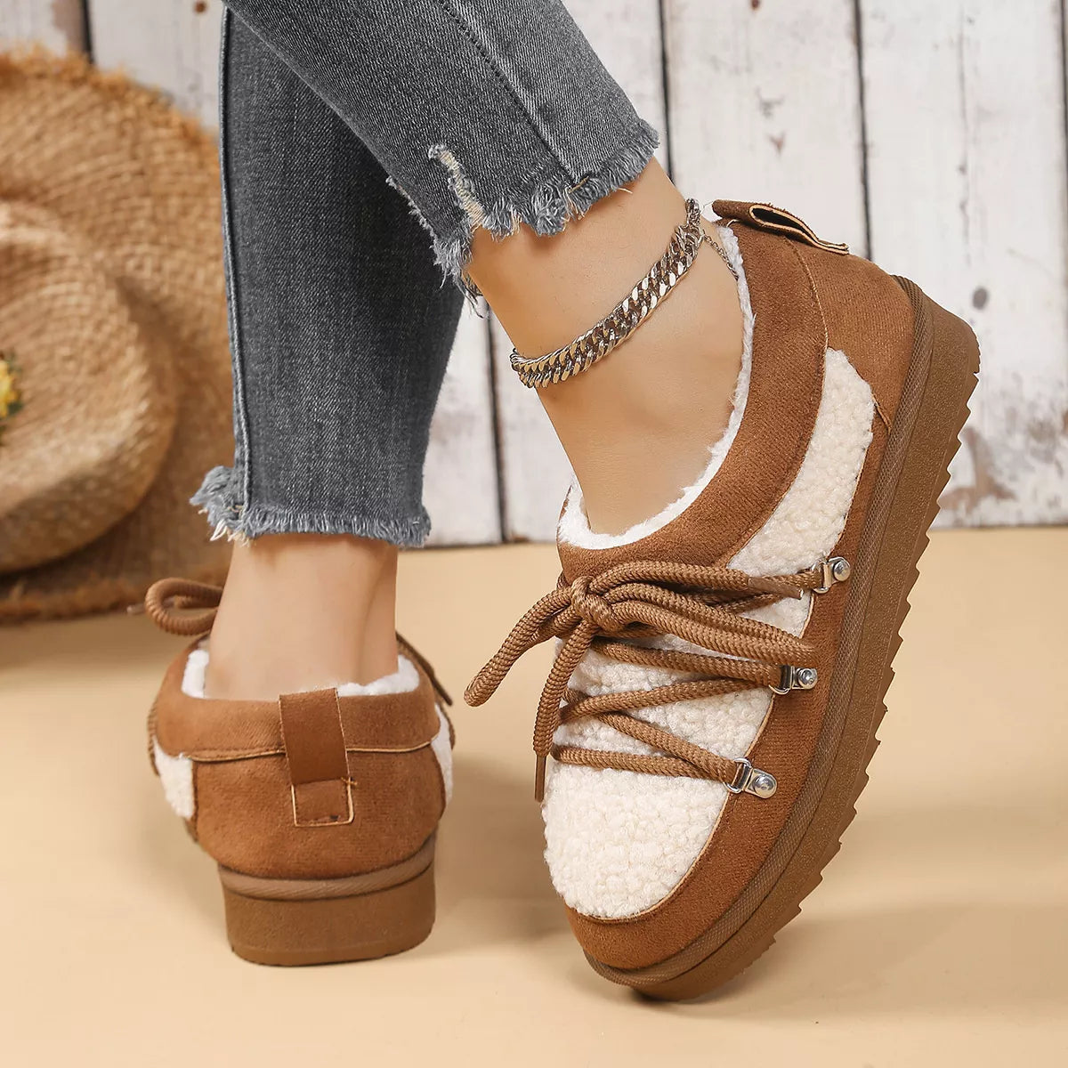 Lace Up Round Toe Platform Ankle Boots in Camel for Women