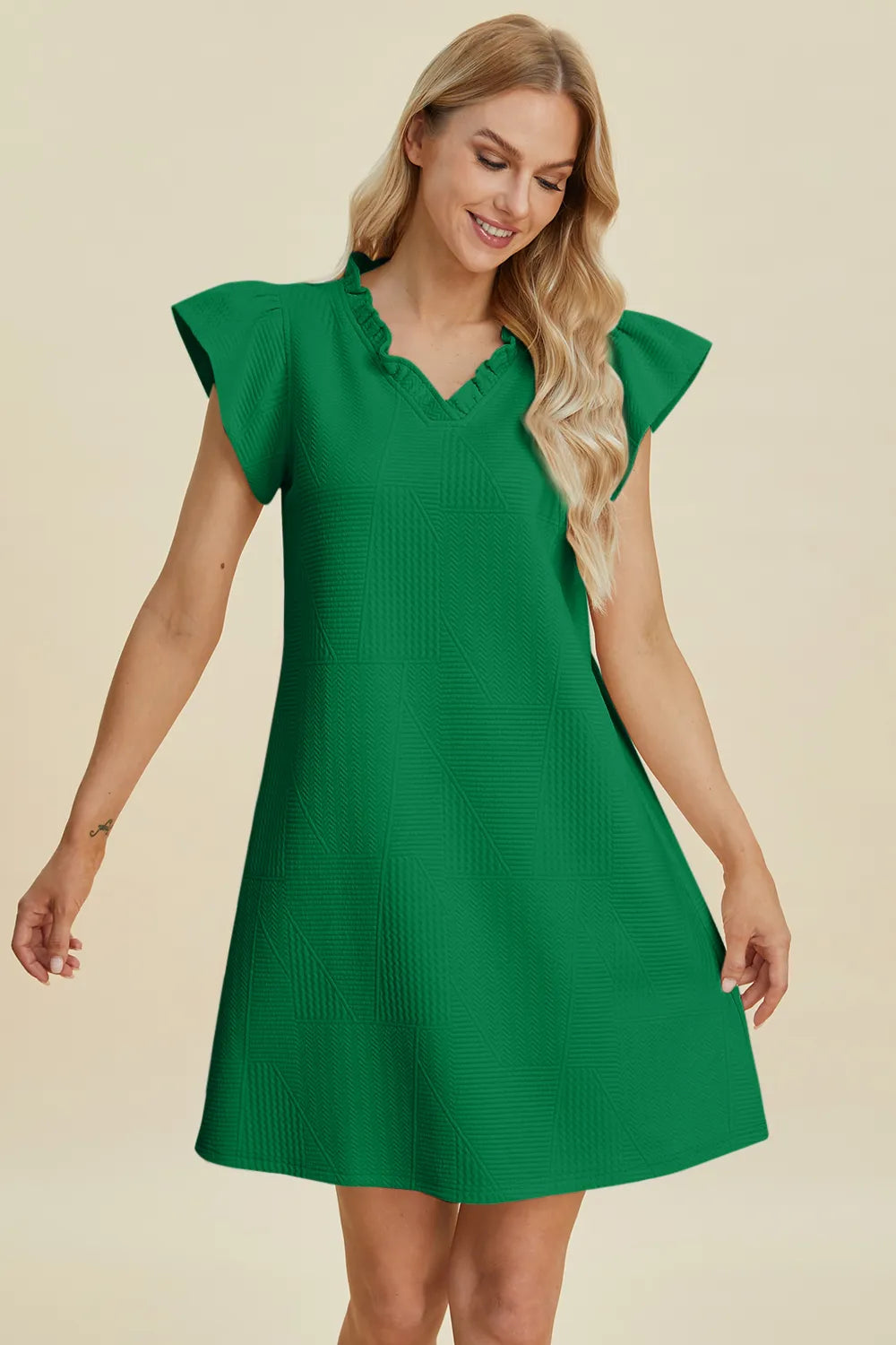 Plus Size Ruffled V-Neck Cap Sleeve Dress in Dark Green for Women
