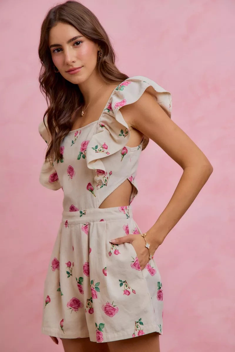 Floral Print Denim Cut Out Waist Ruffled Romper in Ivory Pink for Women