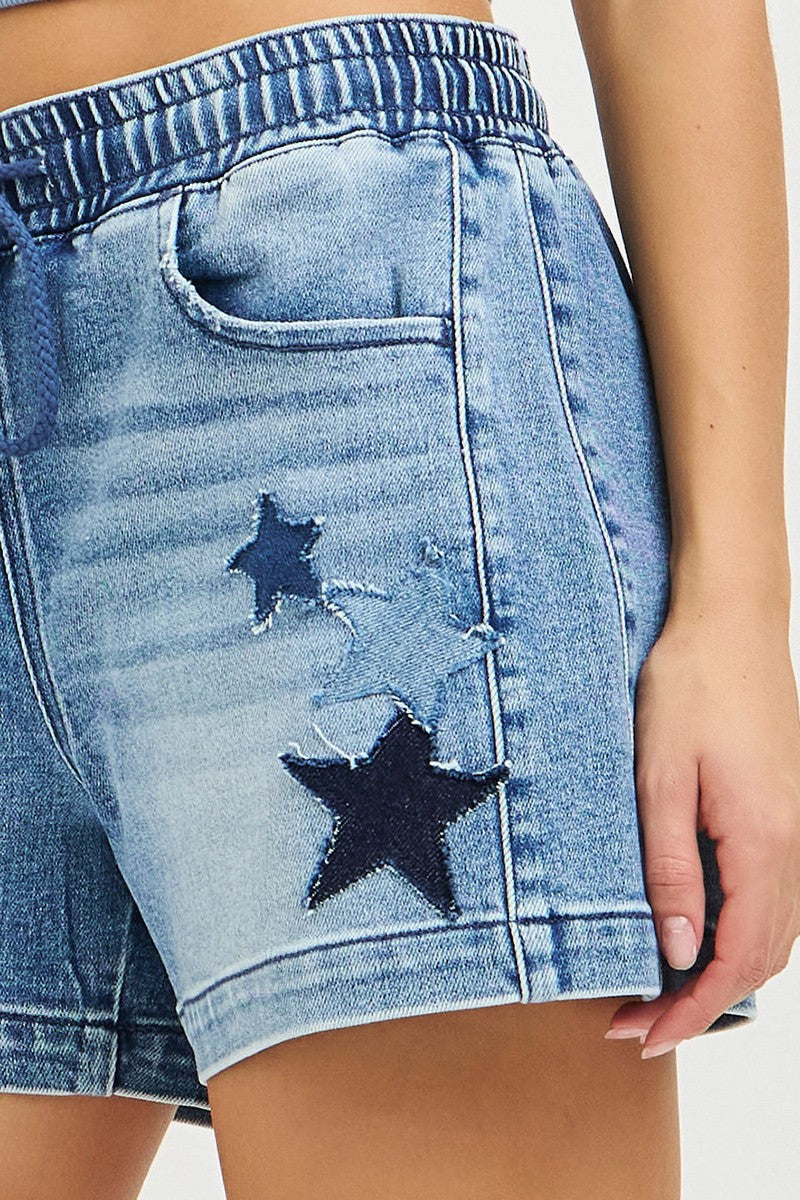 Elastic Band Slouchy Denim Shorts with Star Patched Details for Women