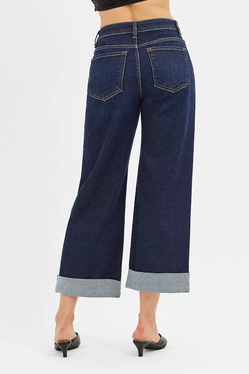 Mid Rise Fit Ankle Wide Roll Up Jeans in Dark for Women