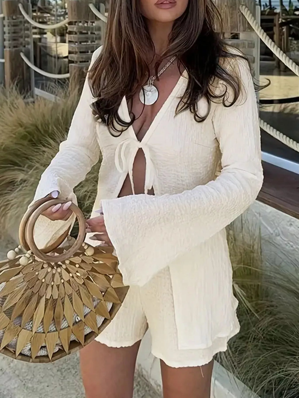 Tie-Front Cover-Up and Shorts Set in Apricot for Women