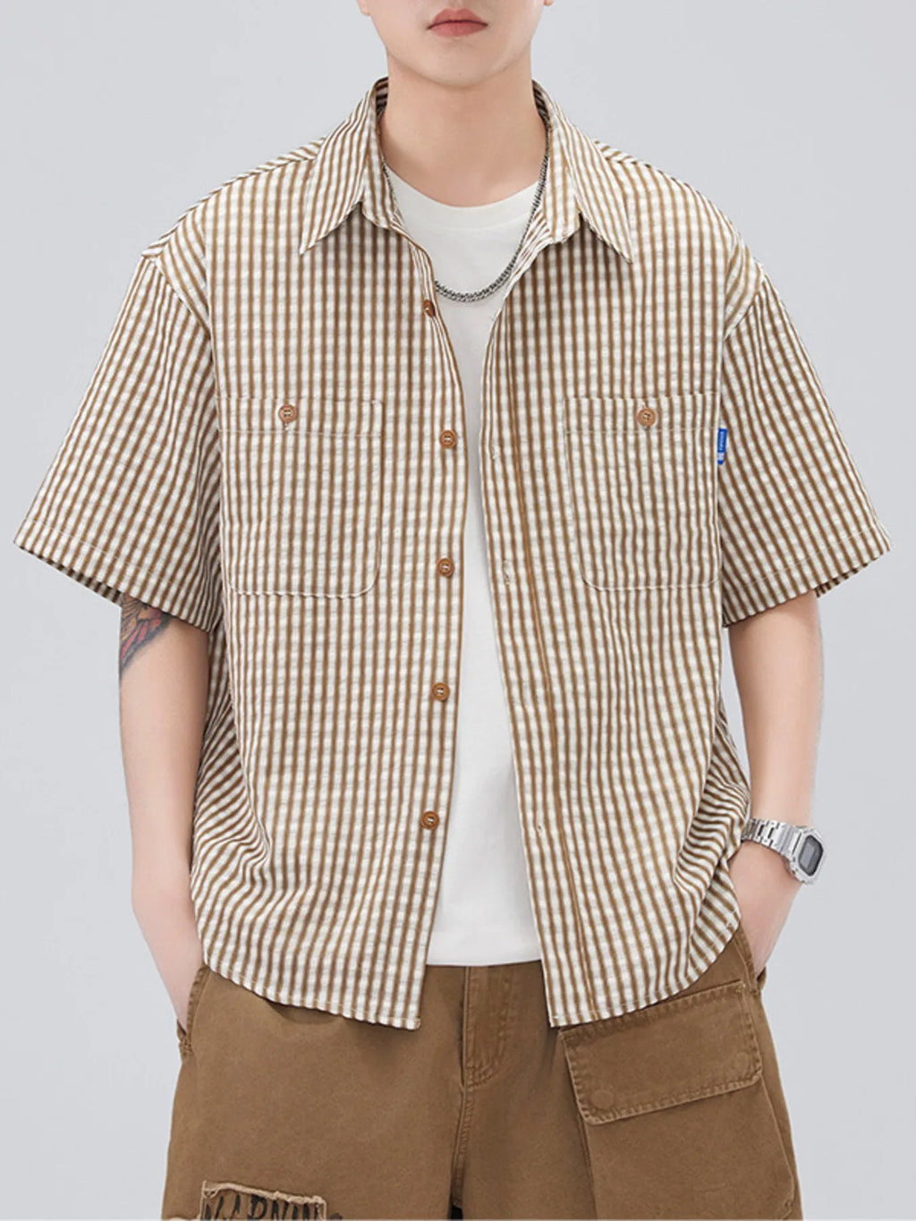 Plus Size Striped Short Sleeve Shirt in Black for Men