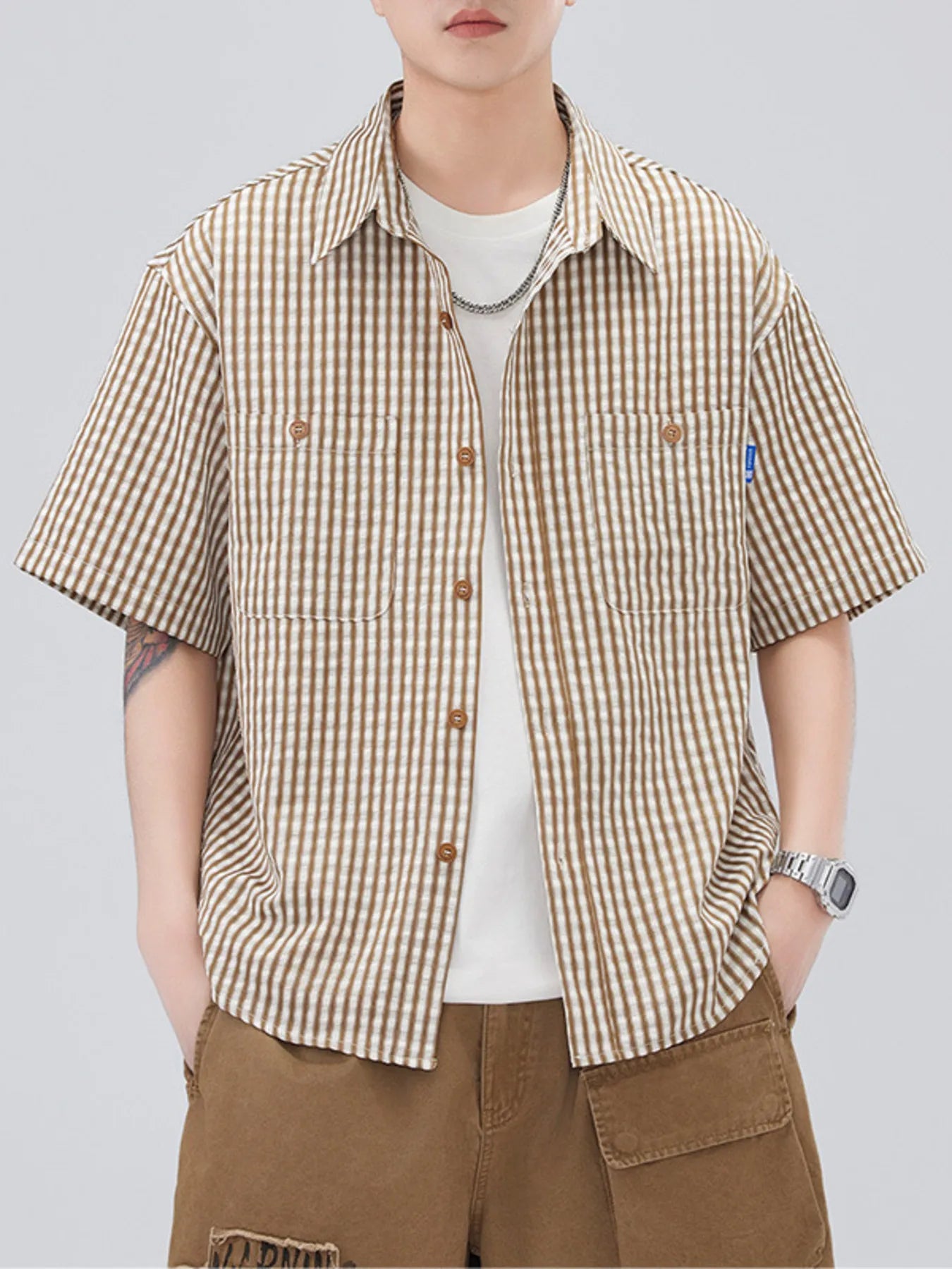 Plus Size Striped Short Sleeve Shirt in Black for Men