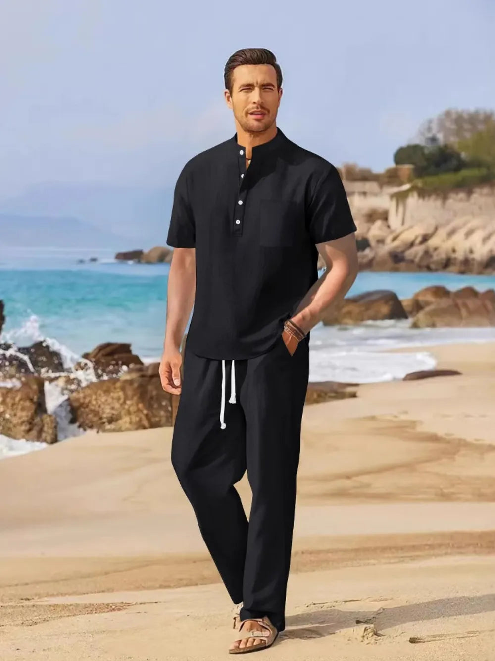 Half Button Top and Drawstring Pants Set Plus Size in Black for Men