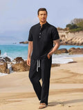 Half Button Top and Drawstring Pants Set Plus Size in Black for Men