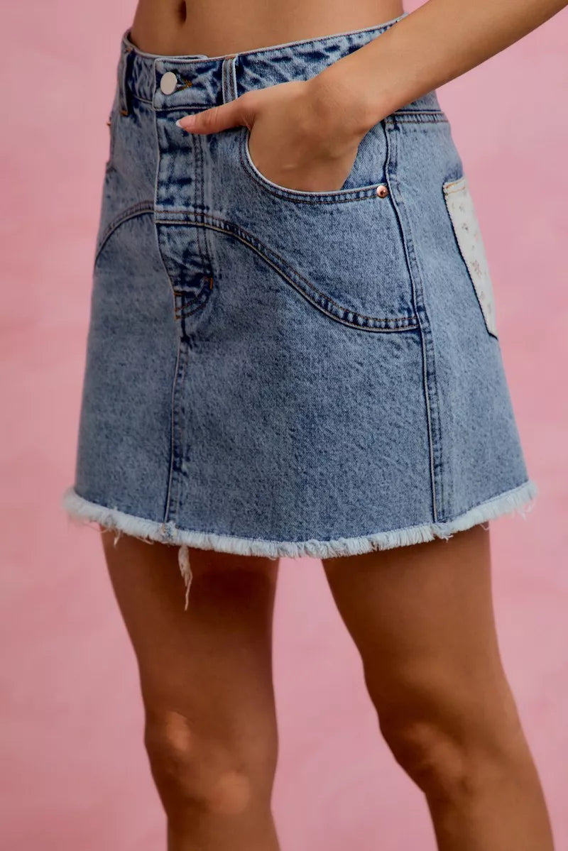 Washed Denim Floral Contrast Pockets Mini Skirt for Women